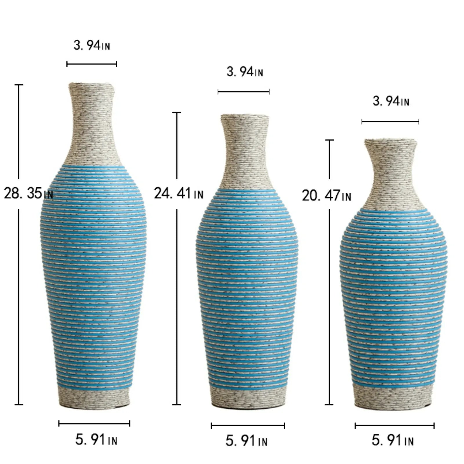 Set of 3 Woven Texture Floor Vases in Blue and White Modern Home Decor