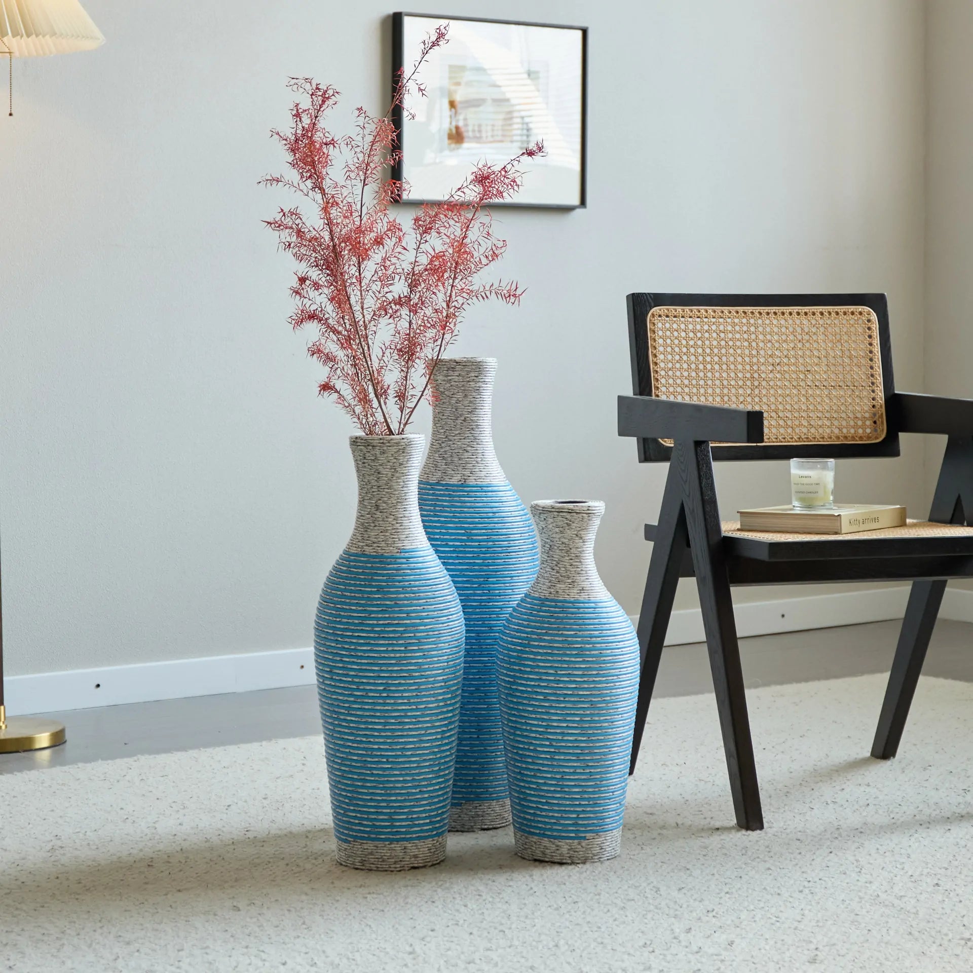 Set of 3 Woven Texture Floor Vases in Blue and White Modern Home Decor