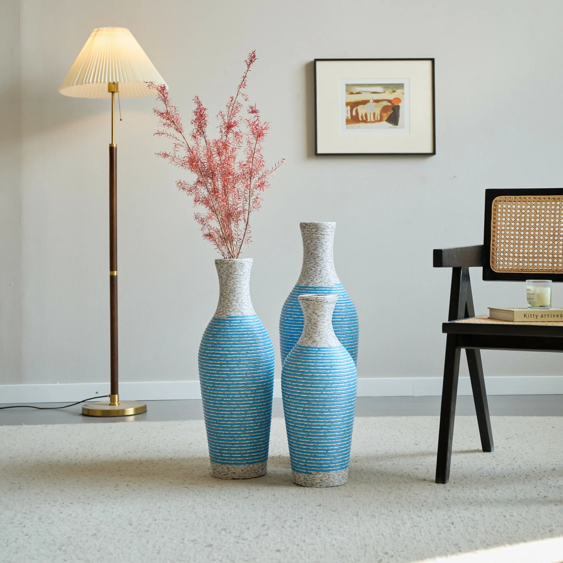 Set of 3 Woven Texture Floor Vases in Blue and White Modern Home Decor