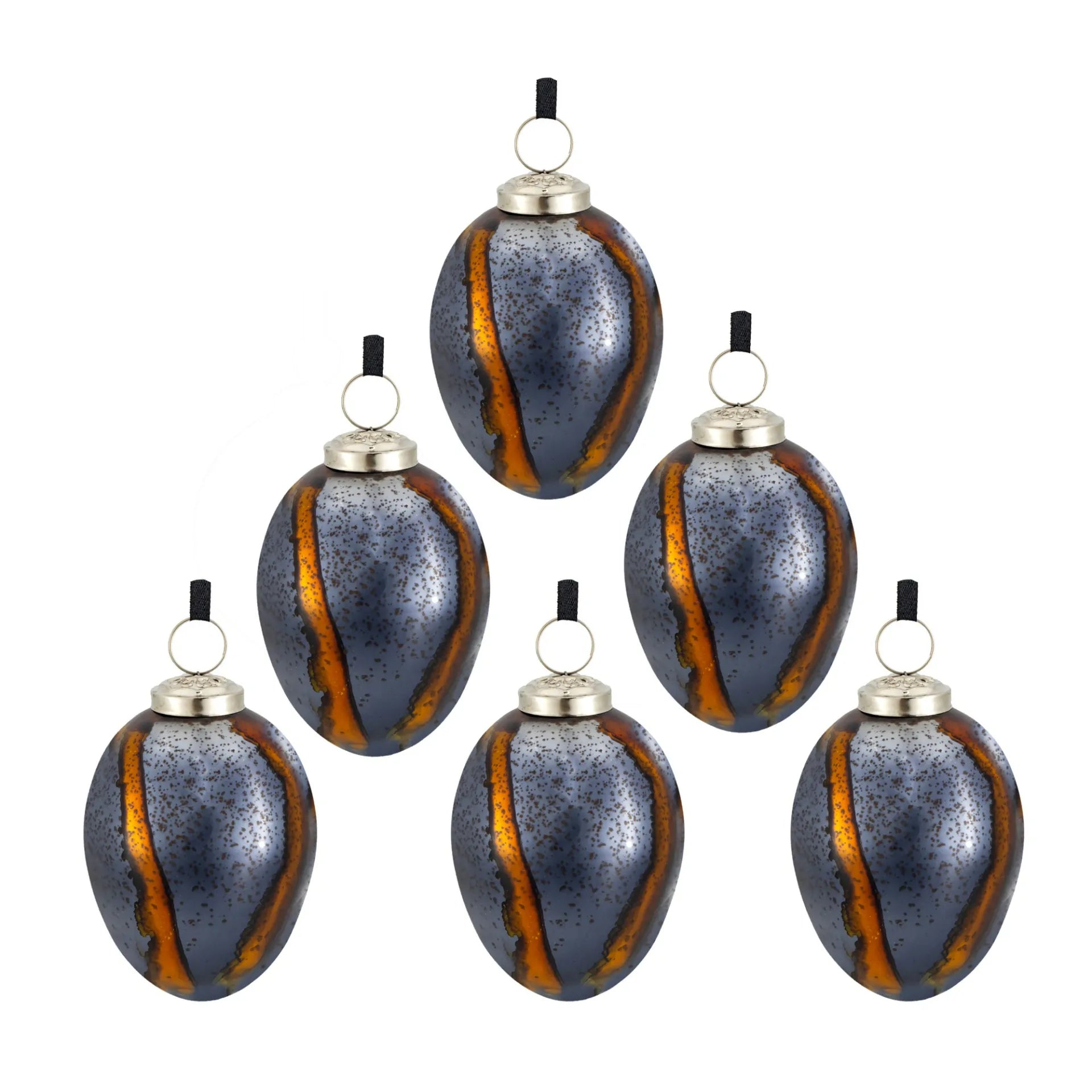 Set of 6 Brown and Orange Striped Glass Egg Ornaments 4.3 Inch Holiday Decor