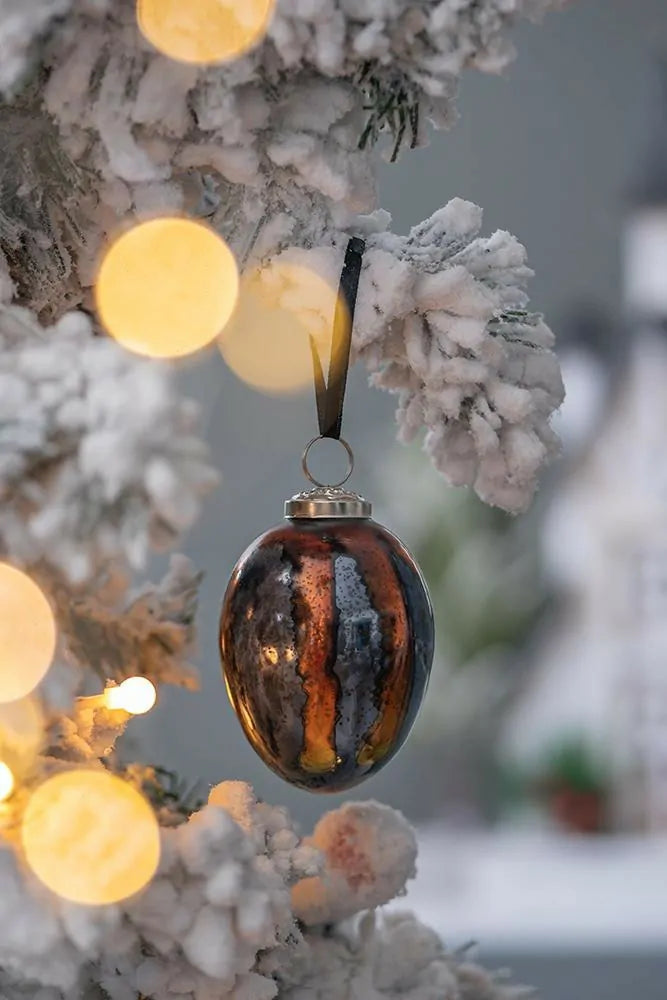 Set of 6 Brown and Orange Striped Glass Egg Ornaments 4.3 Inch Holiday Decor