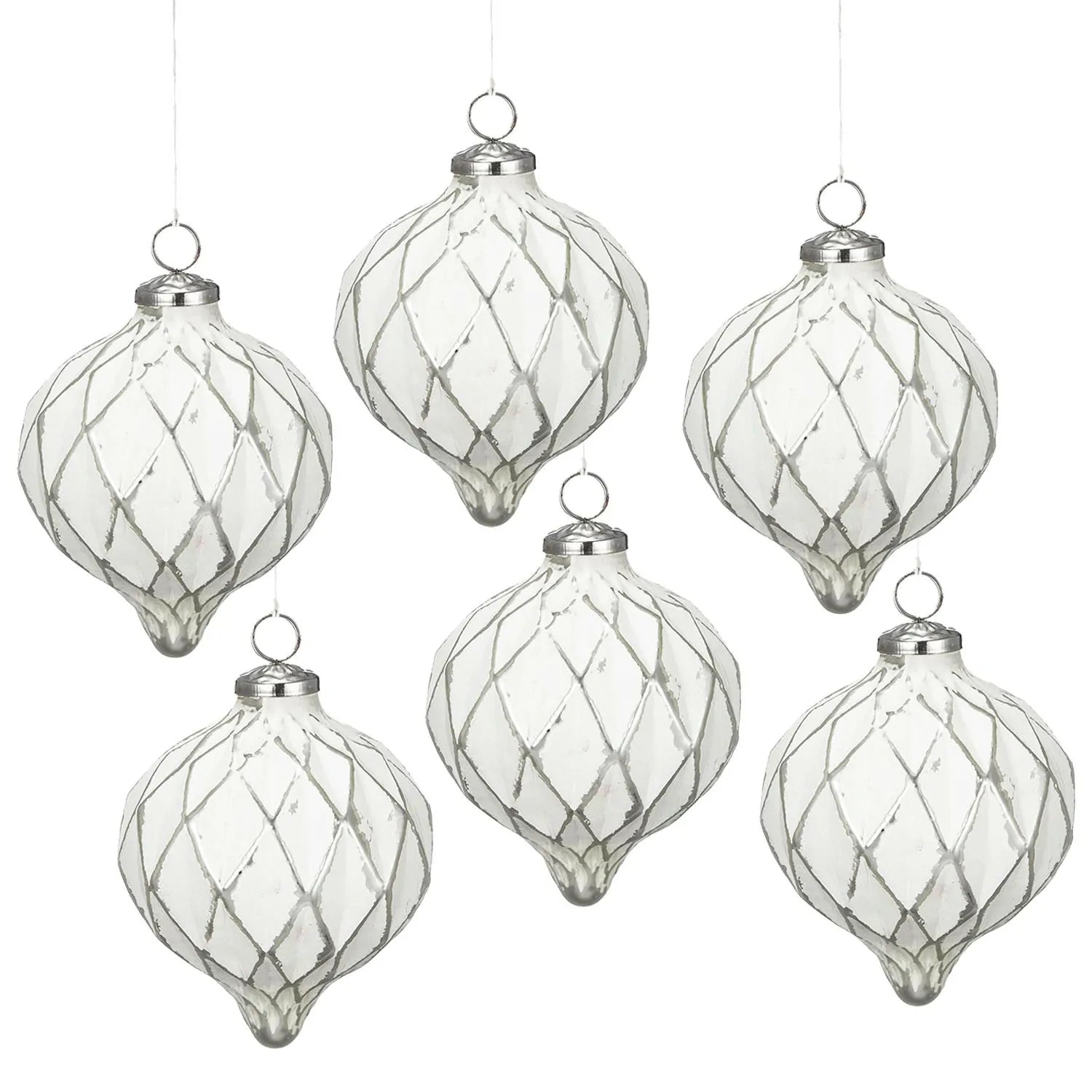 Set of 6 Clear Glass Christmas Baubles with Diamond Pattern 5.7 Inch Decor