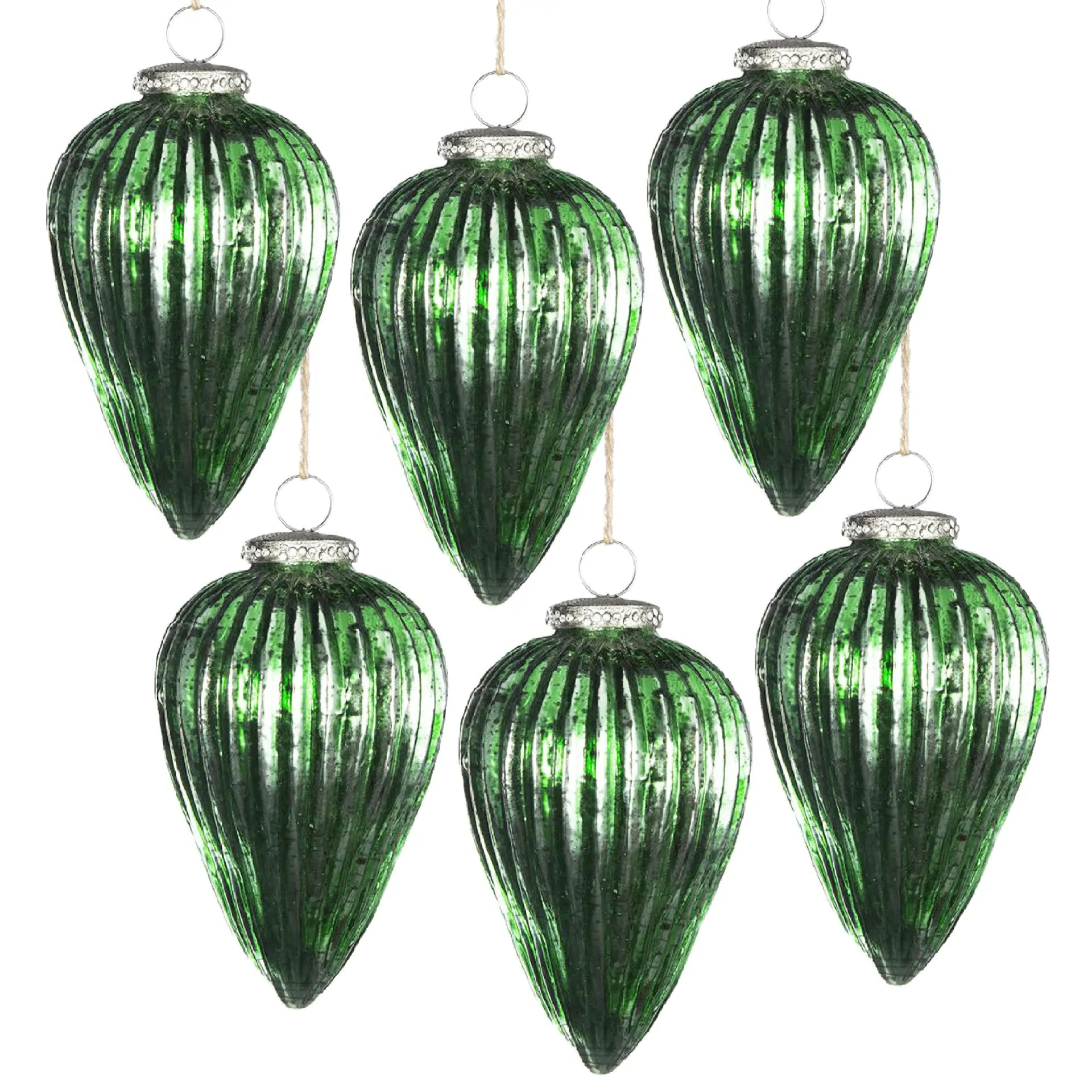 Set of 6 Emerald Green Ribbed Glass Teardrop Ornaments 5.5 Inch Holiday Decor
