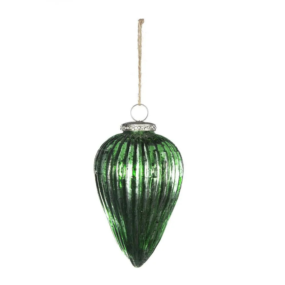 Set of 6 Emerald Green Ribbed Glass Teardrop Ornaments 5.5 Inch Holiday Decor