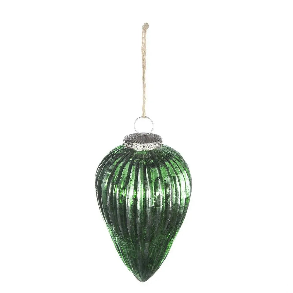 Set of 6 Emerald Green Ribbed Glass Teardrop Ornaments 5.5 Inch Holiday Decor