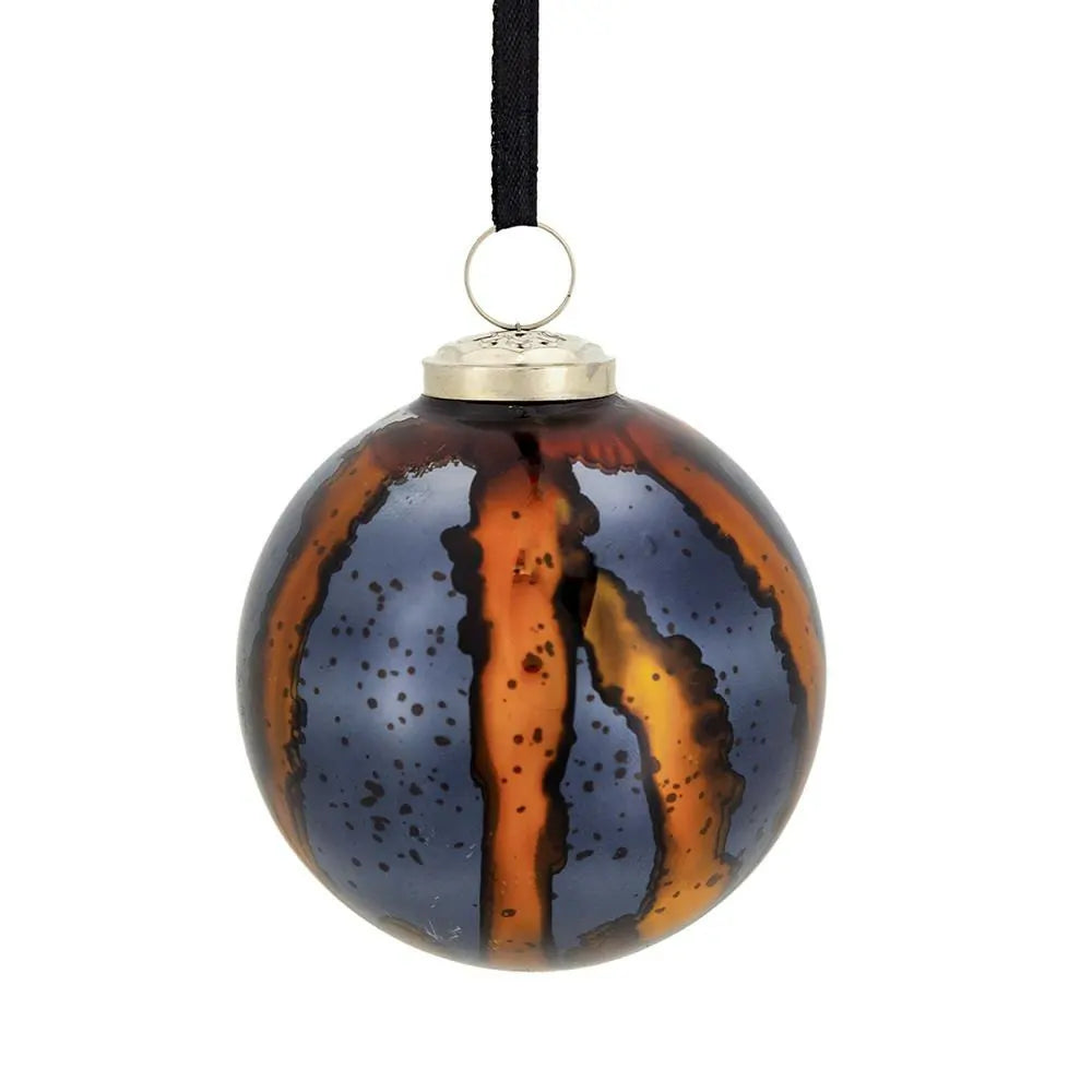 Set of 6 Orange and Blue Striped Glass Christmas Ball Ornaments 3.9 Inch