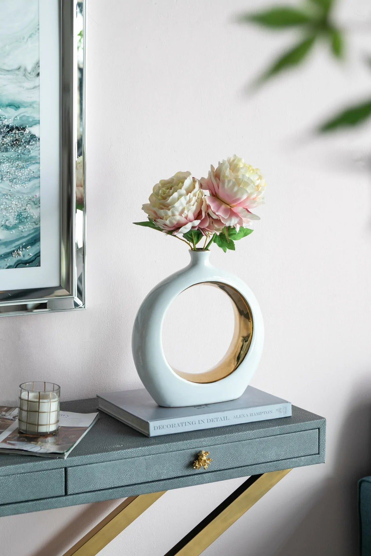 White Ceramic Ring Vase with Gold Accents 12 Inch Modern Home Decor