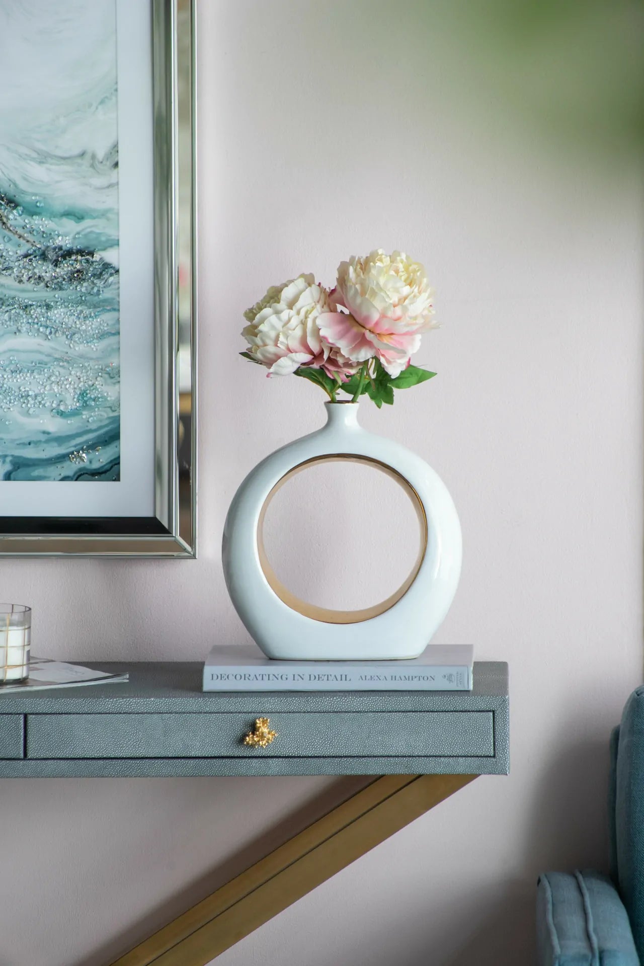 White Ceramic Ring Vase with Gold Accents 12 Inch Modern Home Decor