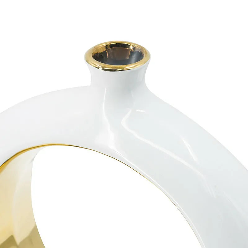 White Ceramic Ring Vase with Gold Accents 12 Inch Modern Home Decor
