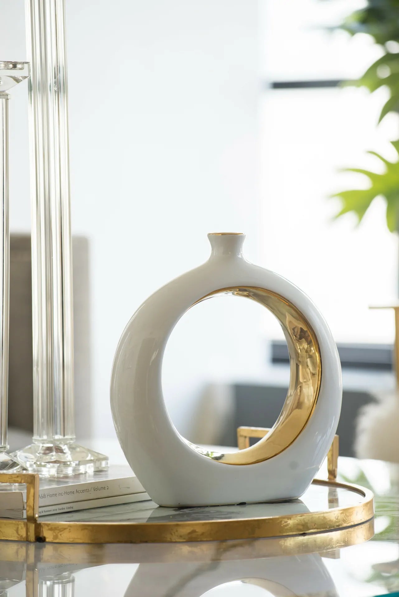 White Ceramic Ring Vase with Gold Accents 12 Inch Modern Home Decor