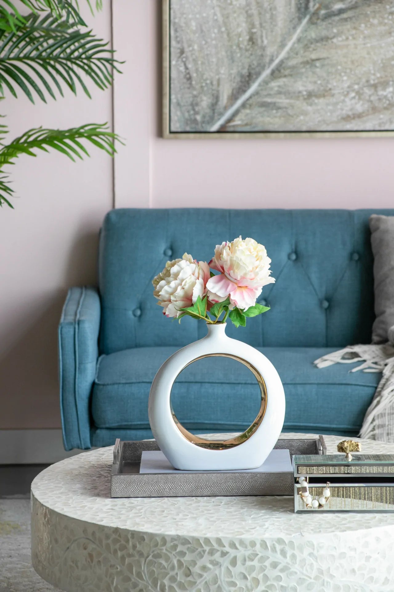 White Ceramic Ring Vase with Gold Accents 12 Inch Modern Home Decor