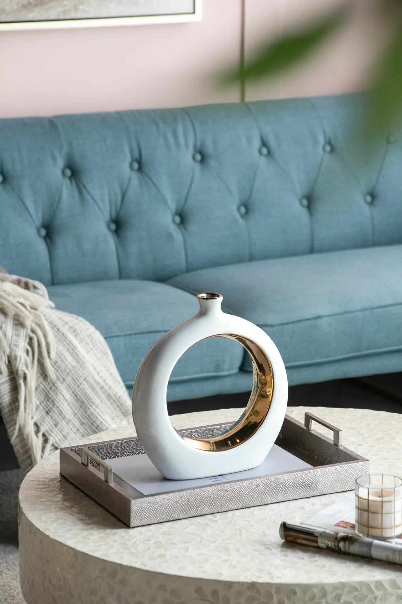 White Ceramic Ring Vase with Gold Accents 12 Inch Modern Home Decor