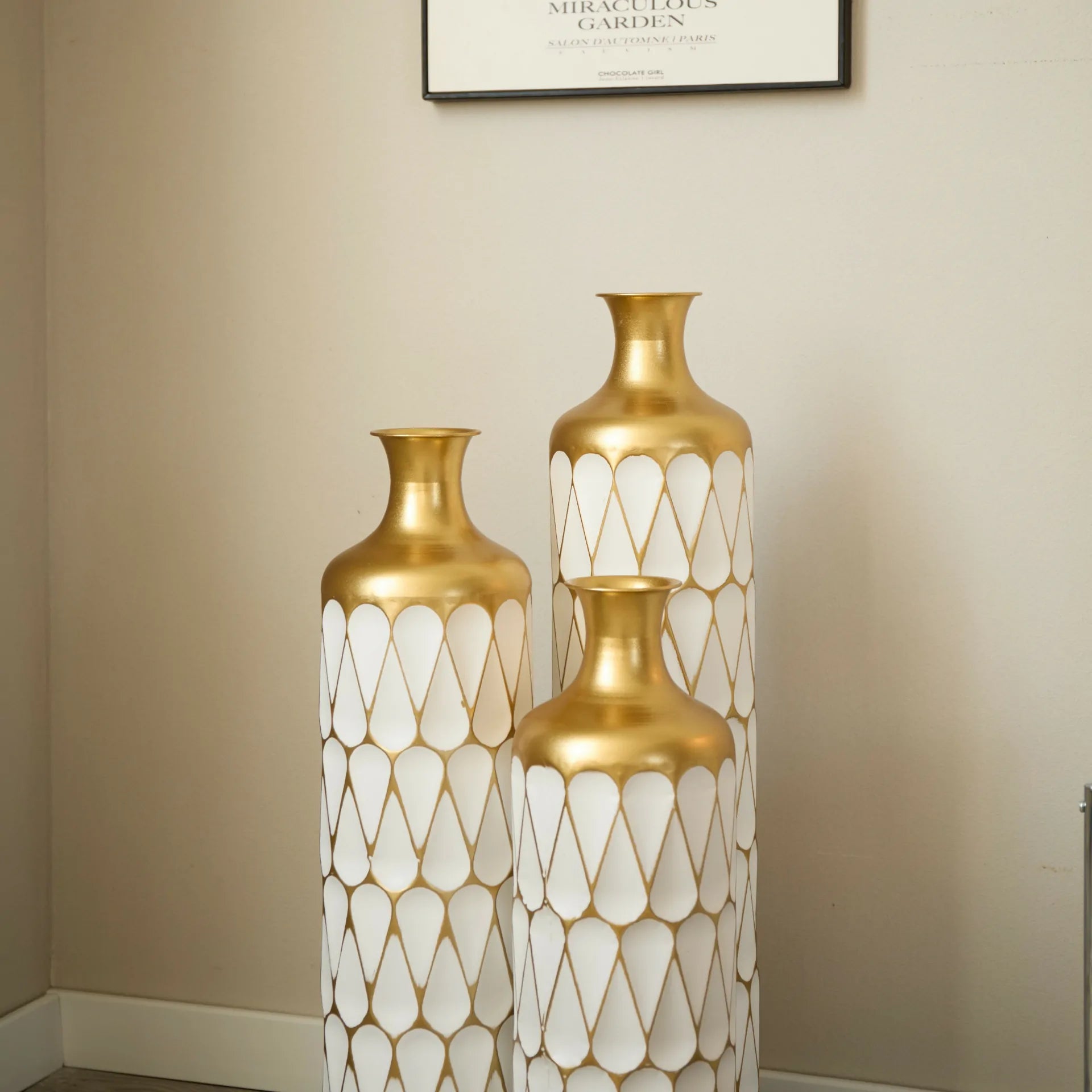 White Glazed Metal Droplet Vase Set of 3 Modern Floor Decor with Gold Trim