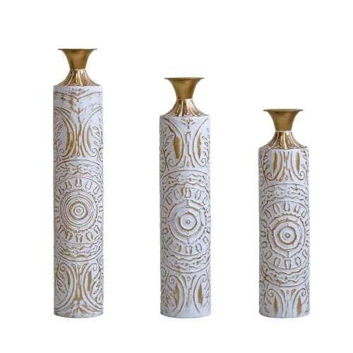White Glazed Metal Floor Vases with Gold Accents Set of 3