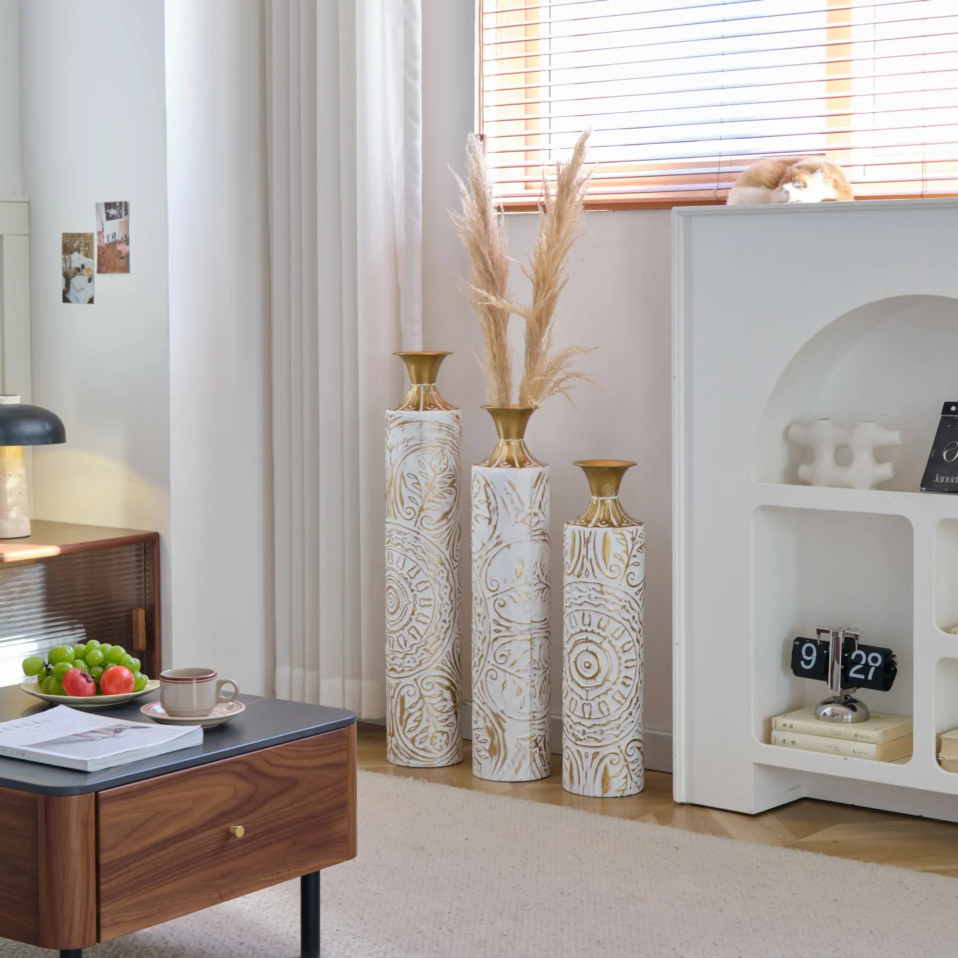 White Glazed Metal Floor Vases with Gold Accents Set of 3