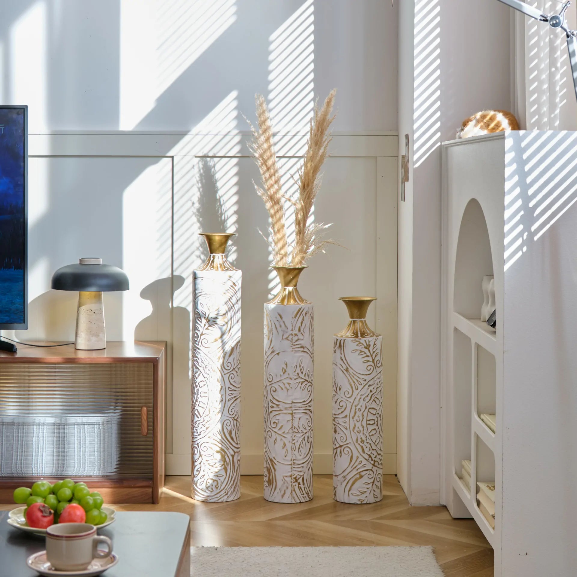 White Glazed Metal Floor Vases with Gold Accents Set of 3