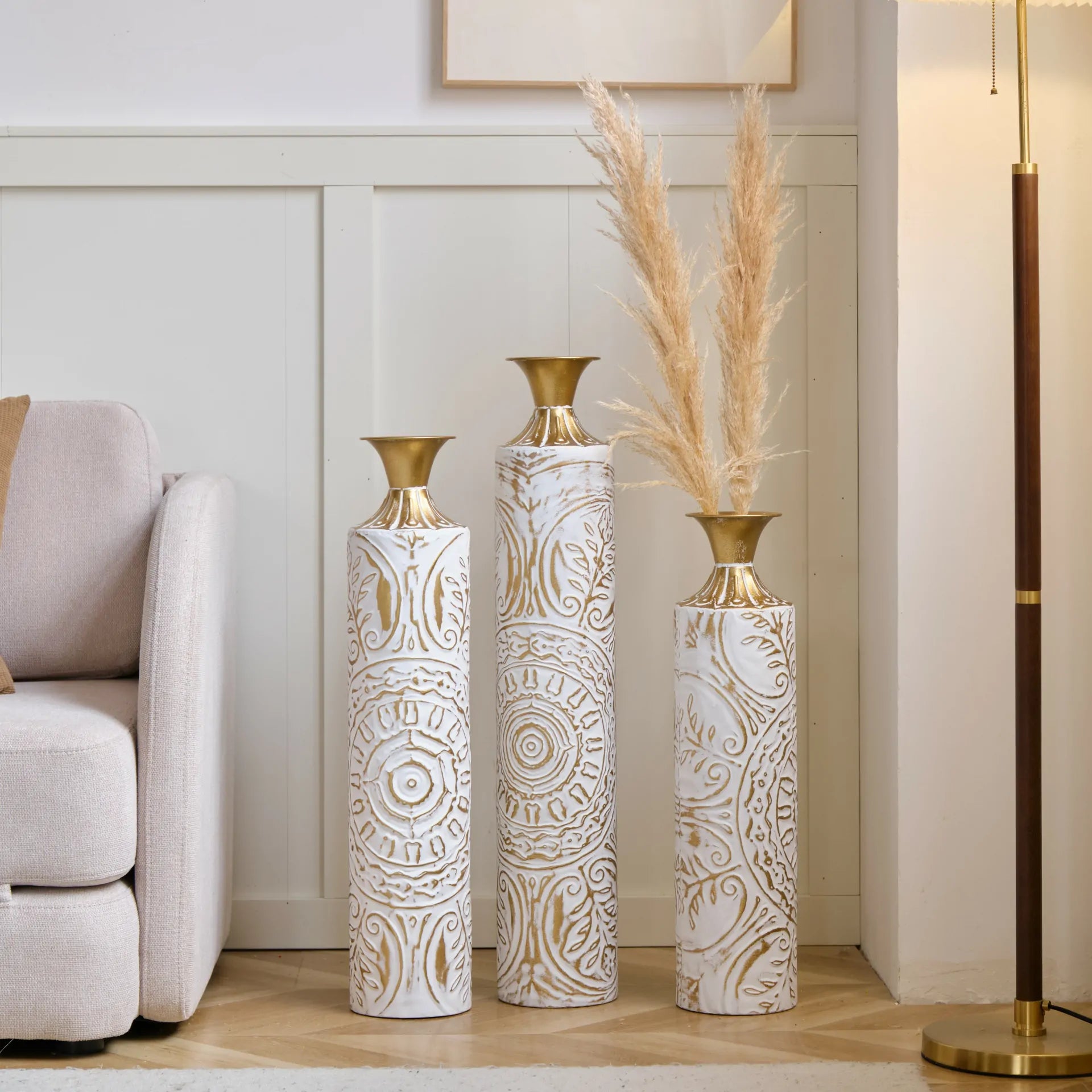 White Glazed Metal Floor Vases with Gold Accents Set of 3