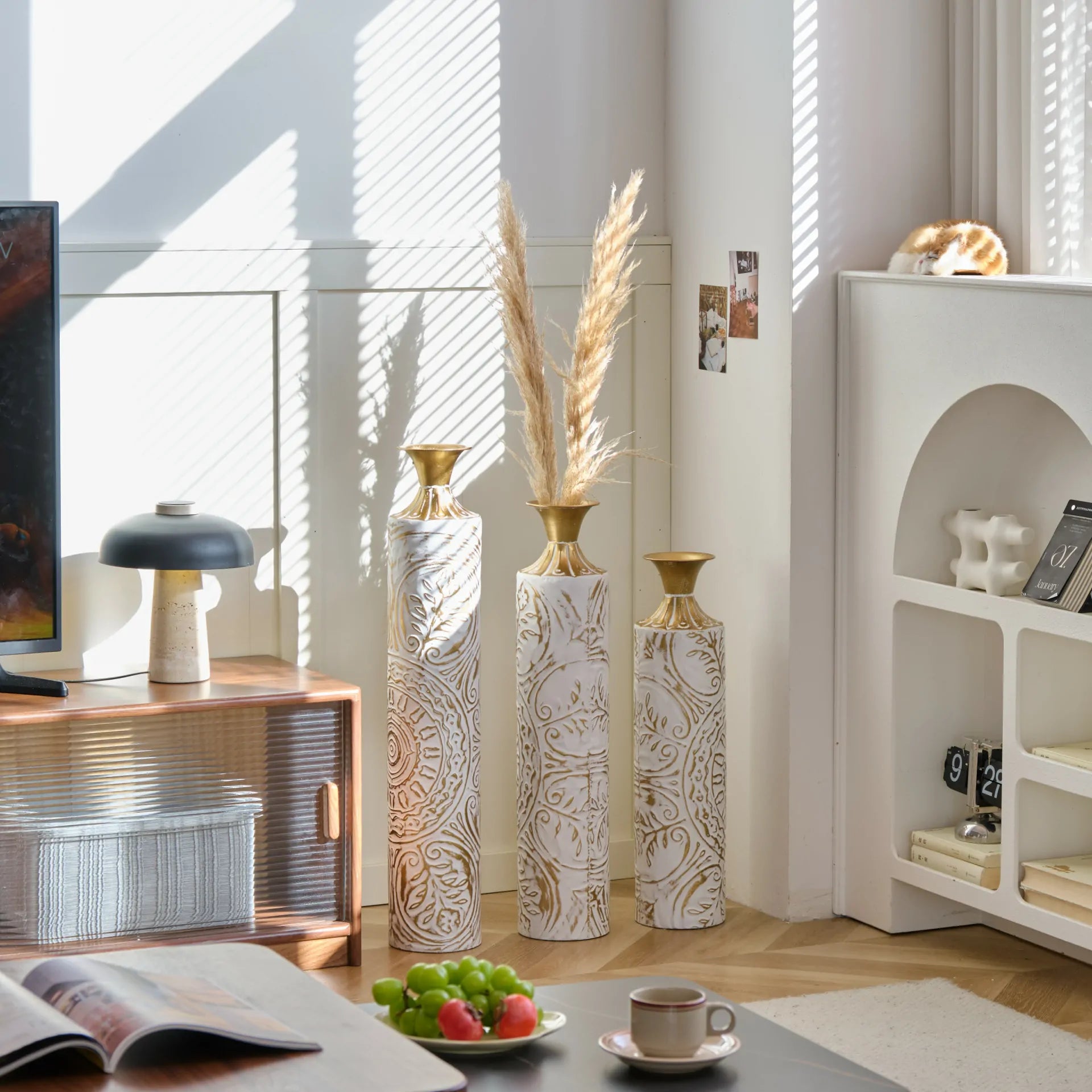 White Glazed Metal Floor Vases with Gold Accents Set of 3