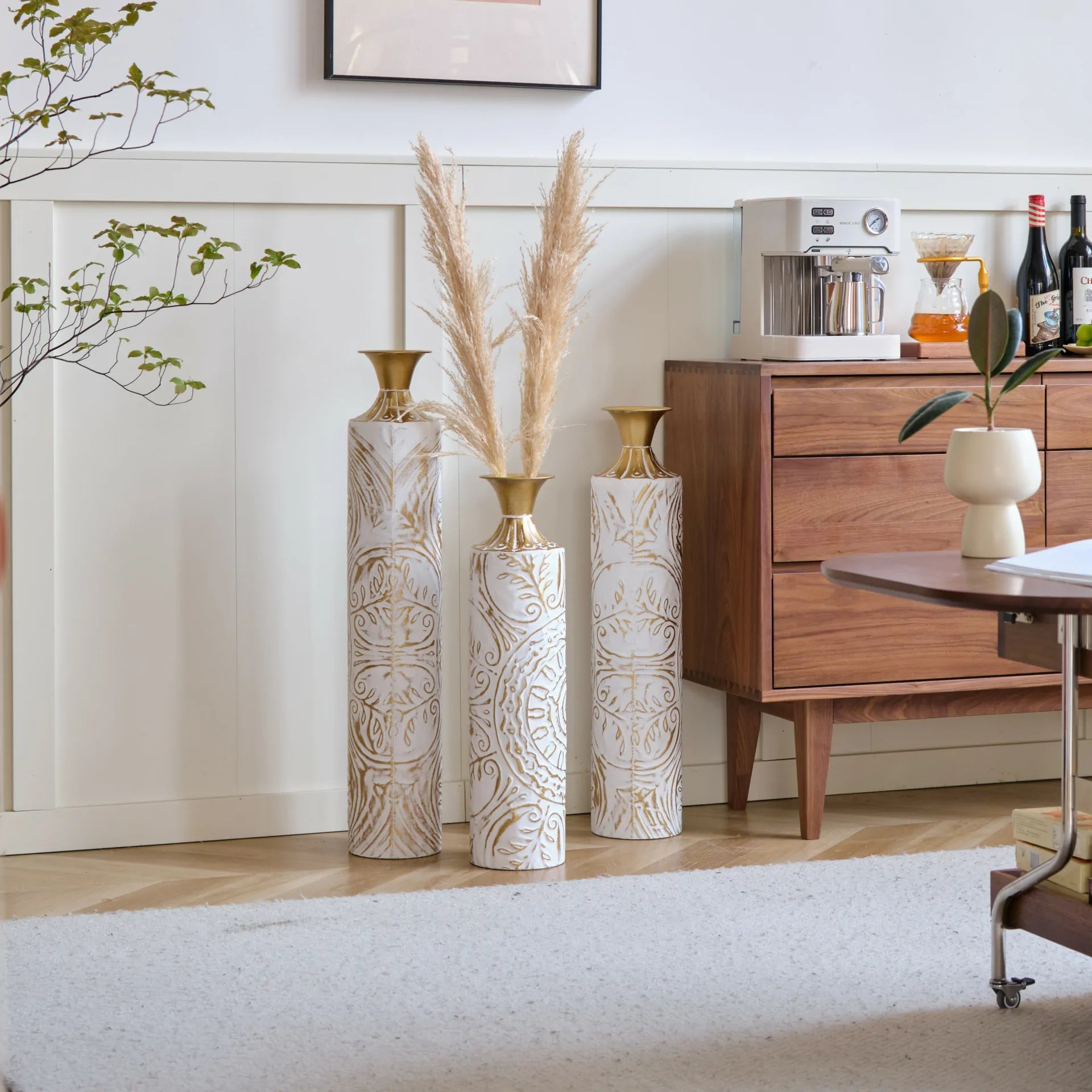 White Glazed Metal Floor Vases with Gold Accents Set of 3