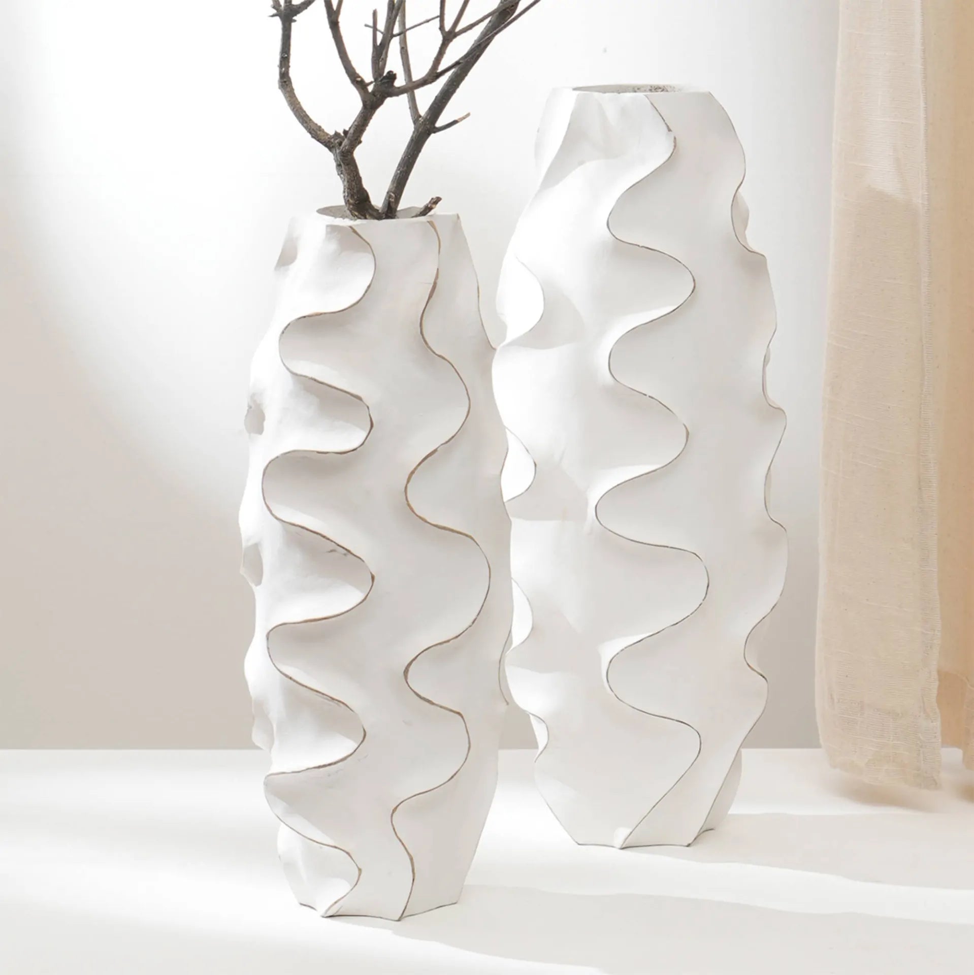 White Ribbed Wood Vase 15.5 Inch Handcrafted Sustainable Home Decor