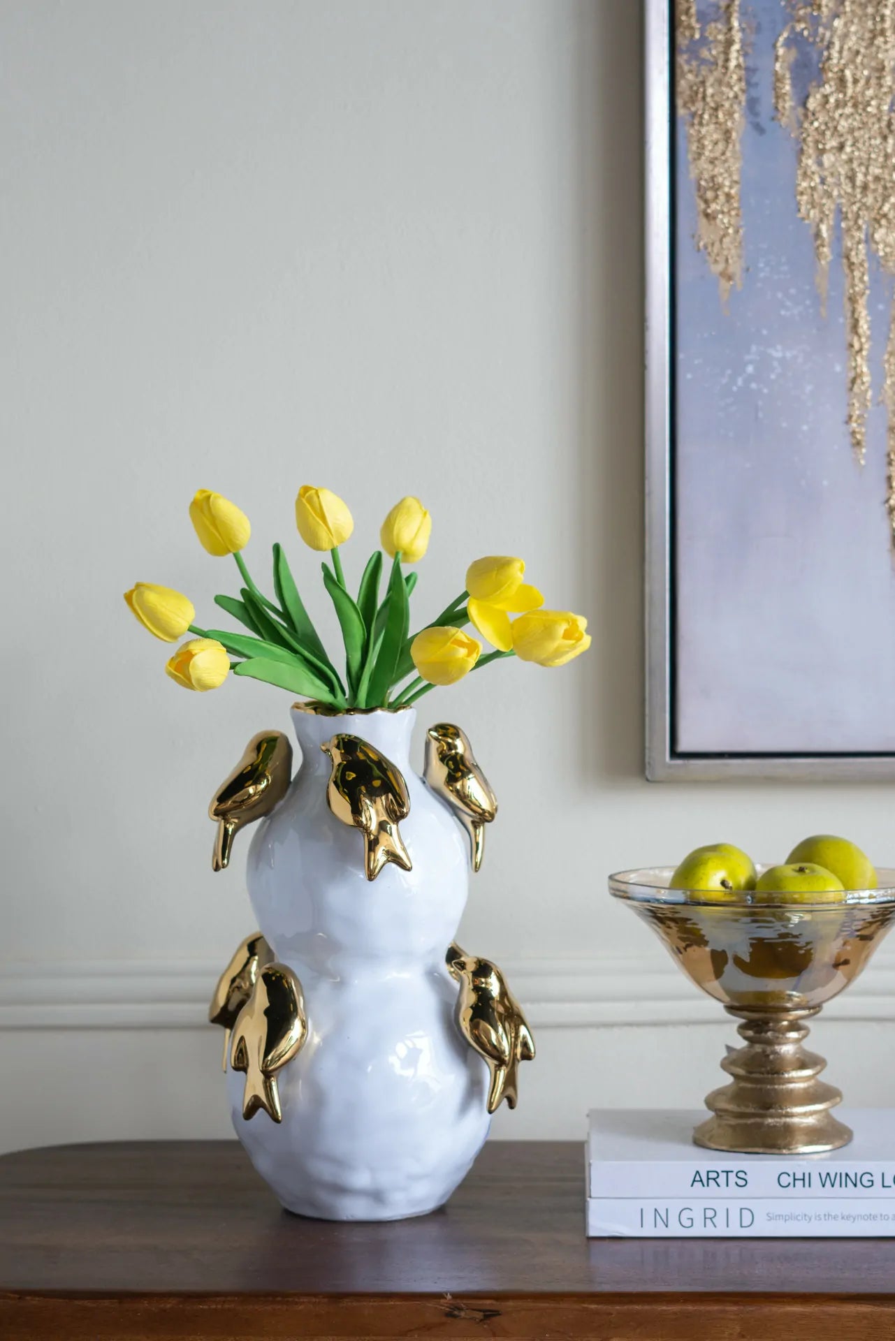 White Two Tier Ceramic Vase with Gold Bird Accents 14 Inch Home Deco