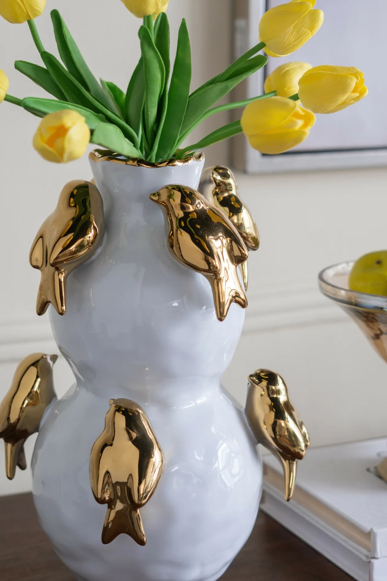 White Two Tier Ceramic Vase with Gold Bird Accents 14 Inch Home Deco