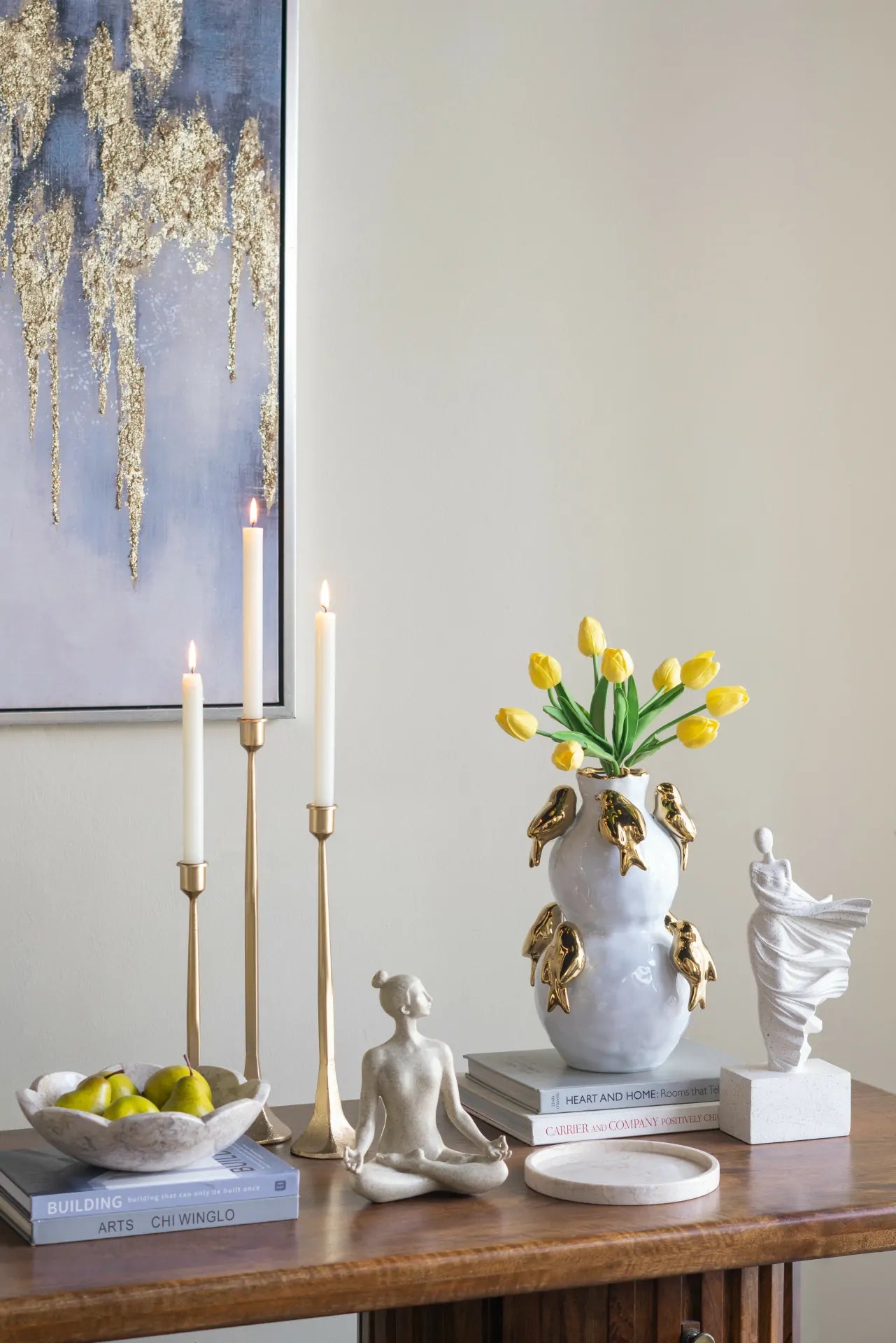 White Two Tier Ceramic Vase with Gold Bird Accents 14 Inch Home Deco