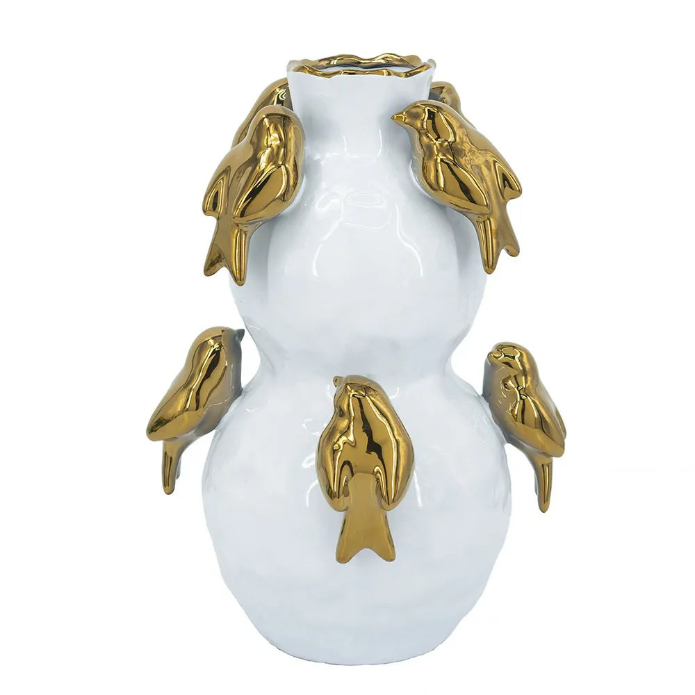 White Two Tier Ceramic Vase with Gold Bird Accents 14 Inch Home Deco