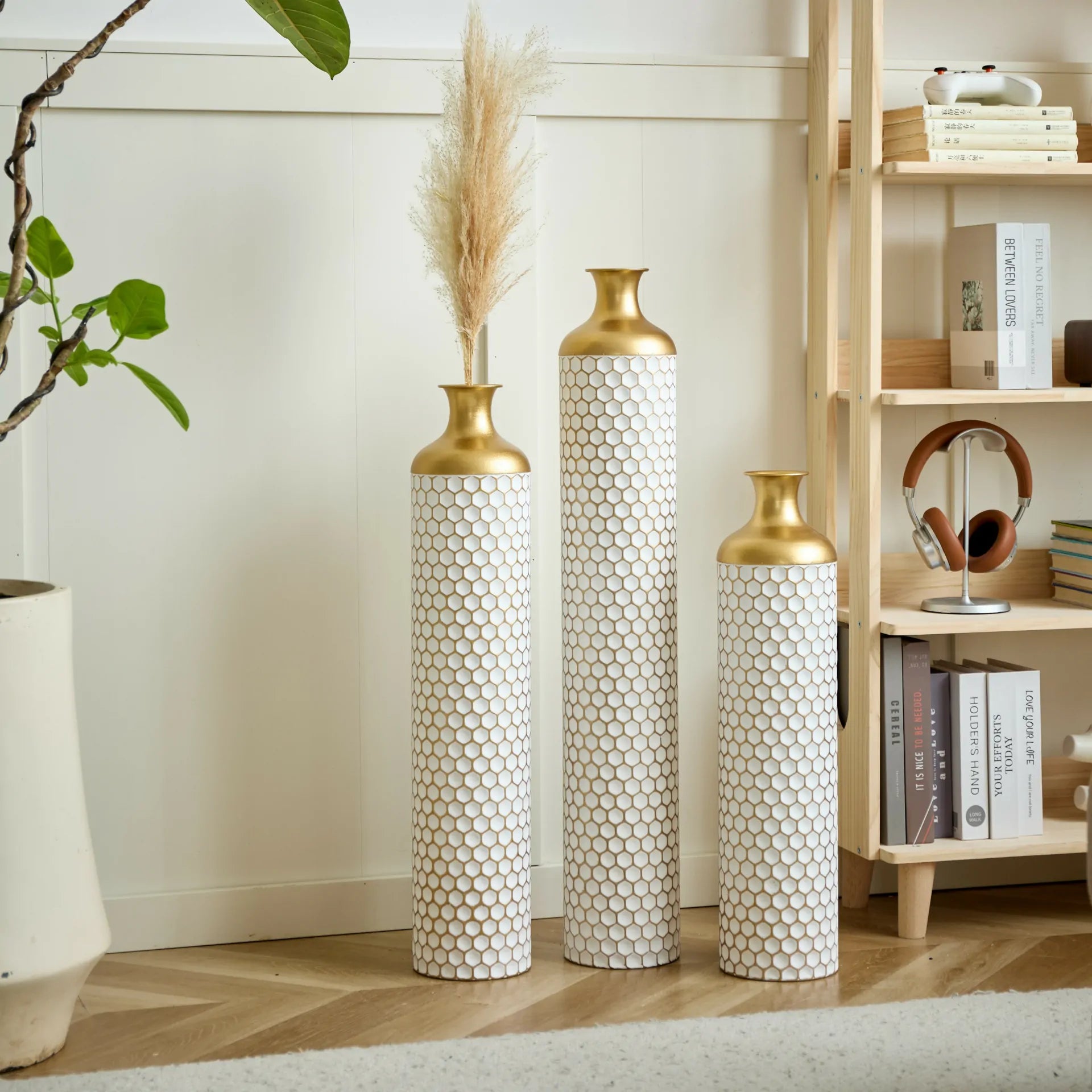 White Mosaic Texture Metal Floor Vases Set of 3 Droplet Shape with Gold Necks