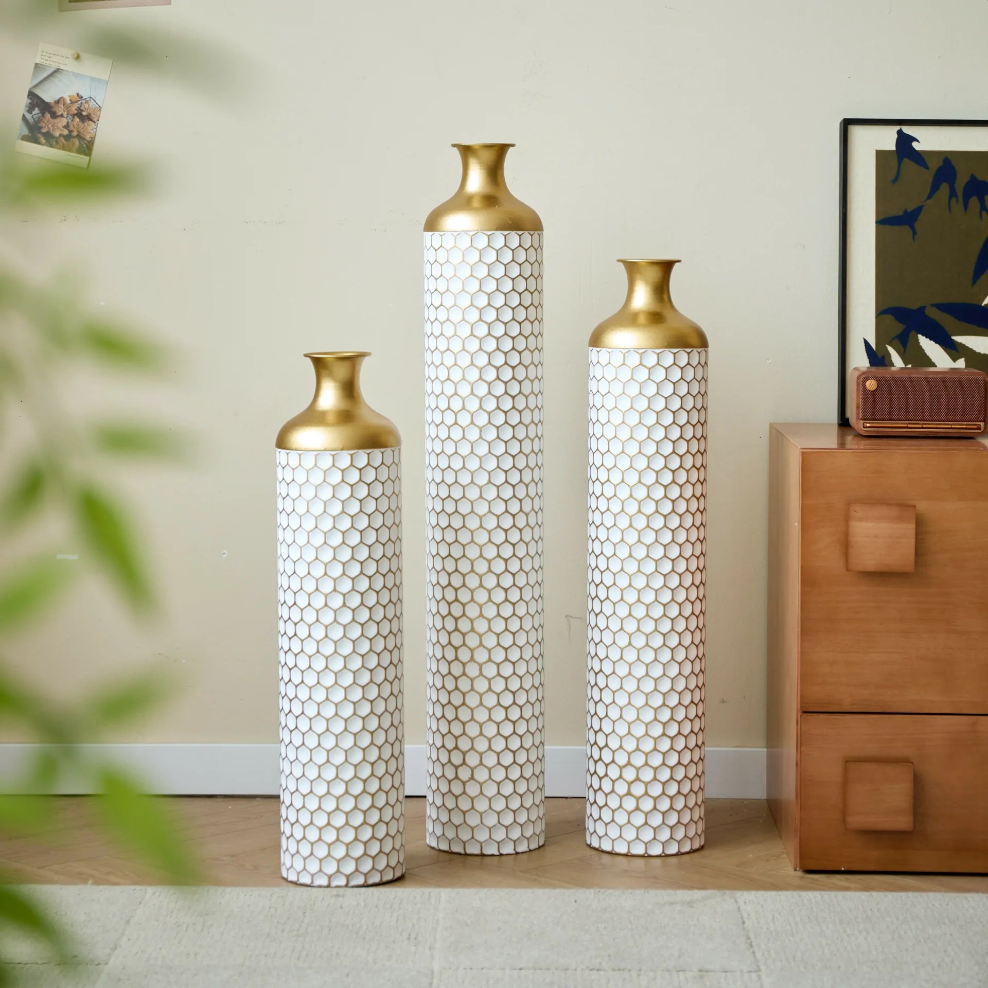 White Mosaic Texture Metal Floor Vases Set of 3 Droplet Shape with Gold Necks