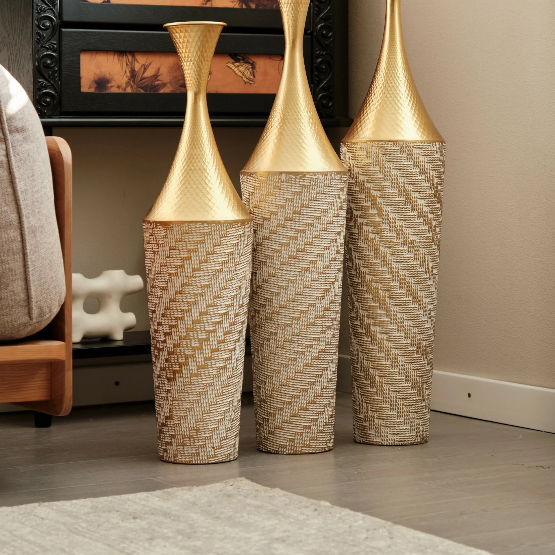 Woven Metal Floor Vase Set of 3,Modern Home Decor with Golden Accents