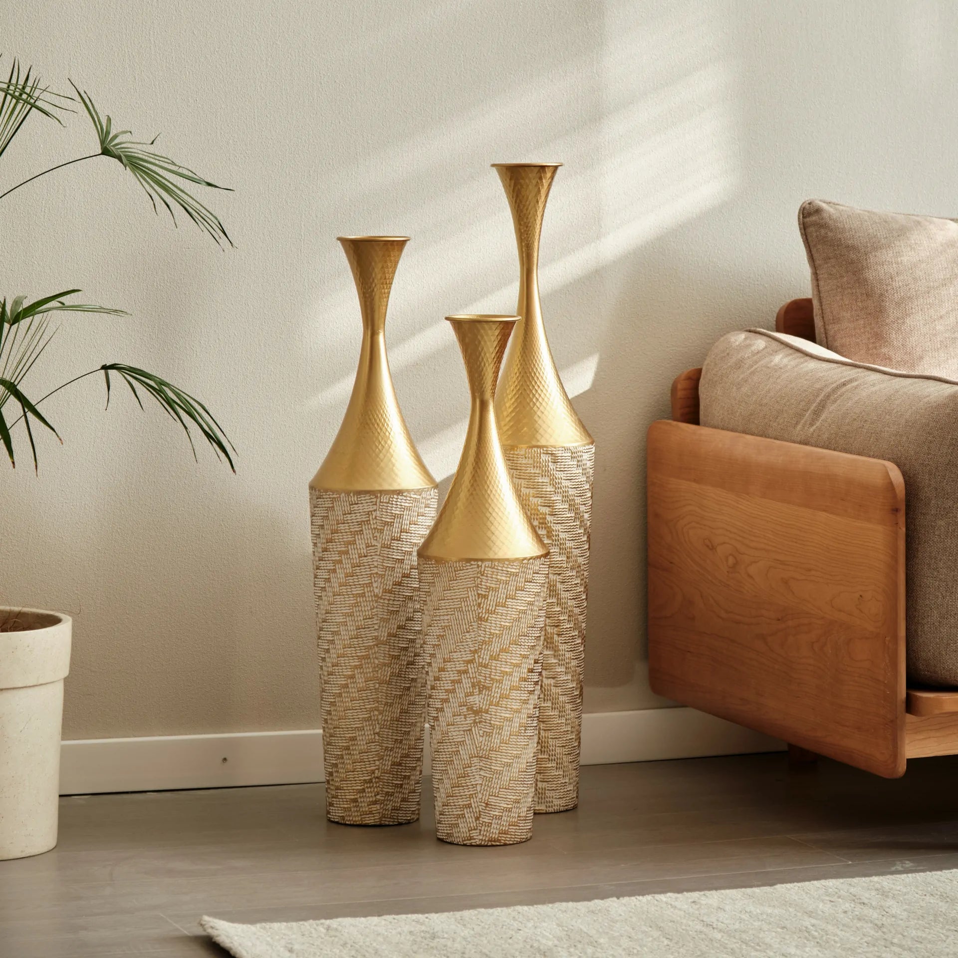 Woven Metal Floor Vase Set of 3,Modern Home Decor with Golden Accents