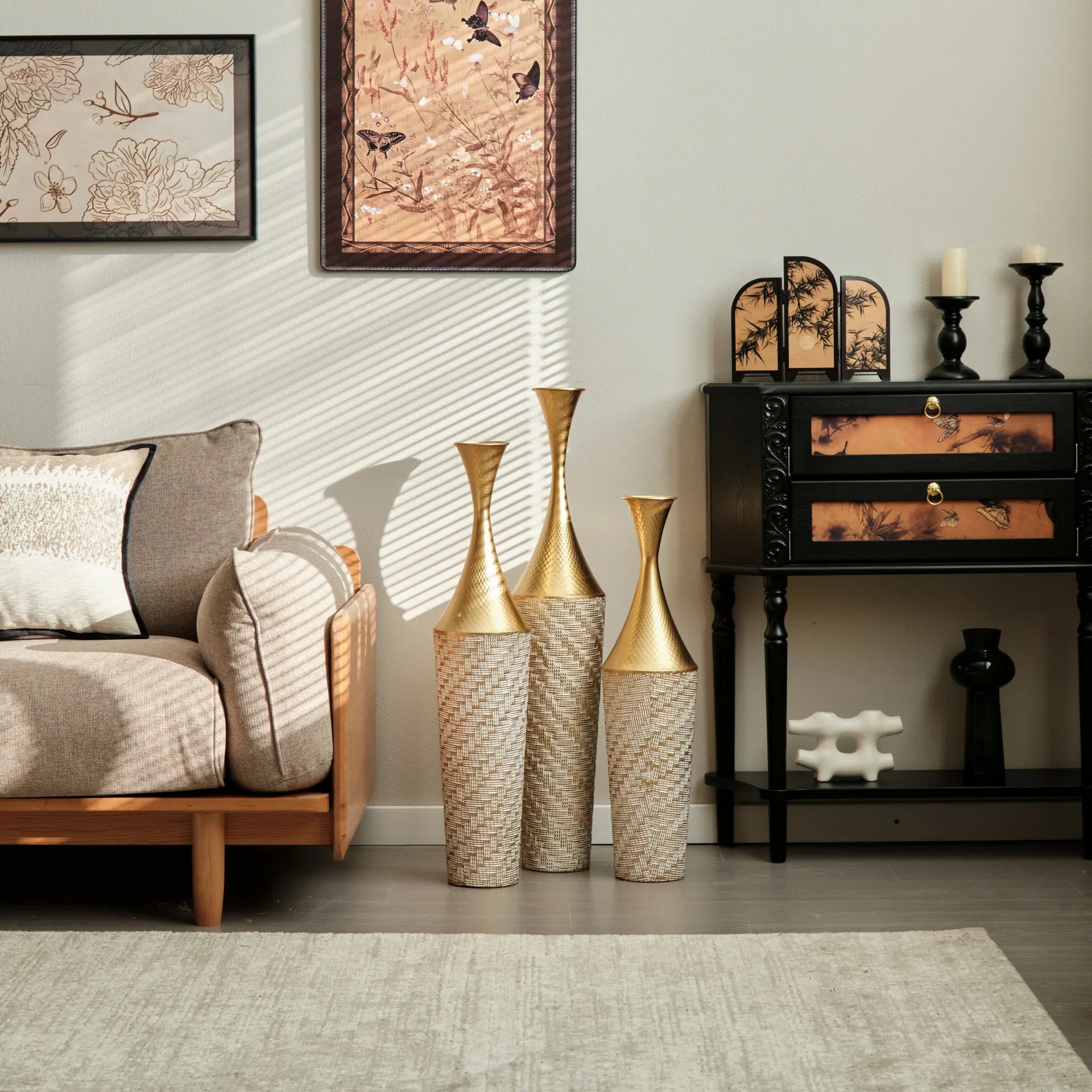 Woven Metal Floor Vase Set of 3,Modern Home Decor with Golden Accents