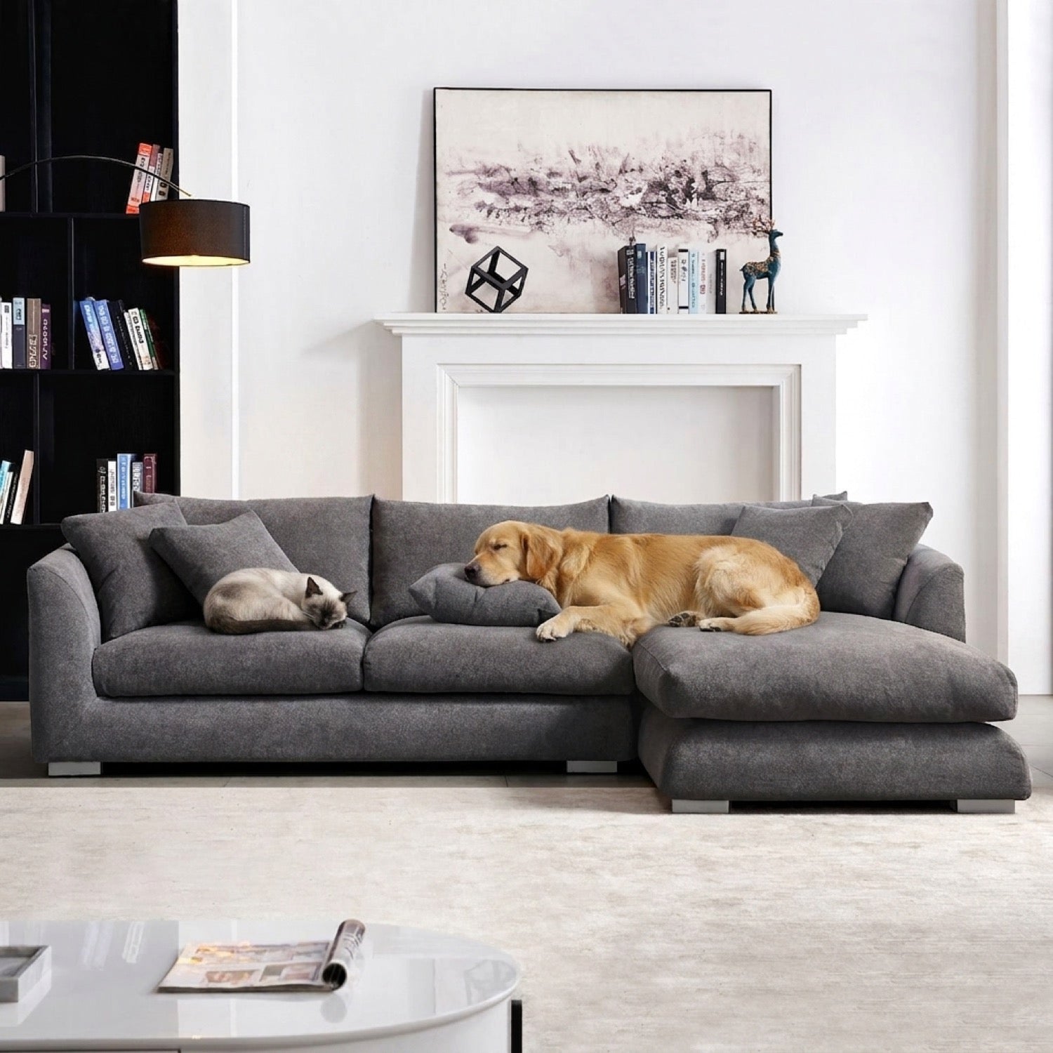 Grey Feathers Sectional sofa with a chaise lounge, featuring a dog and two cats on it, in a living room setting with a black bookshelf and fireplace.