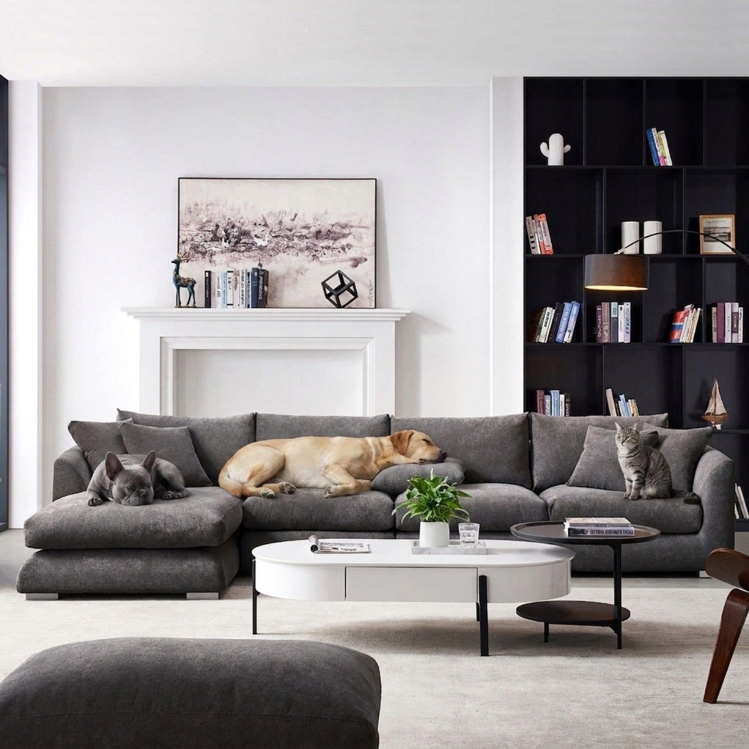 Grey Feathers Sectional sofa in a modern living room with a coffee table and bookshelf