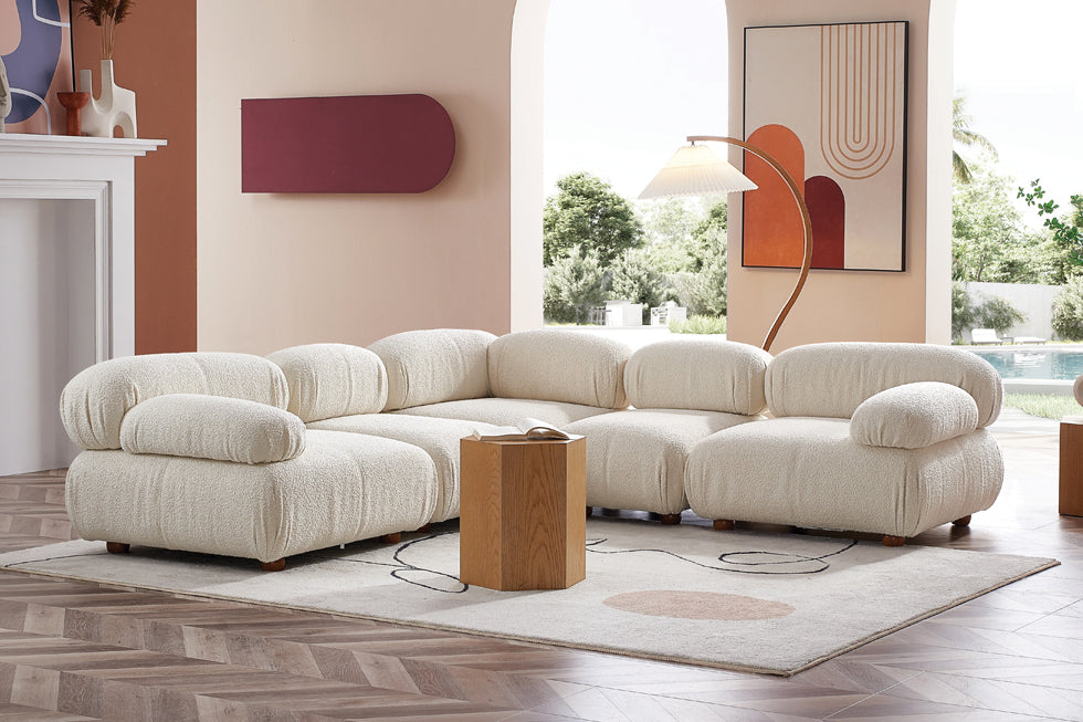 Modern living room set with white boucle l shape sectional sofa modular seating.