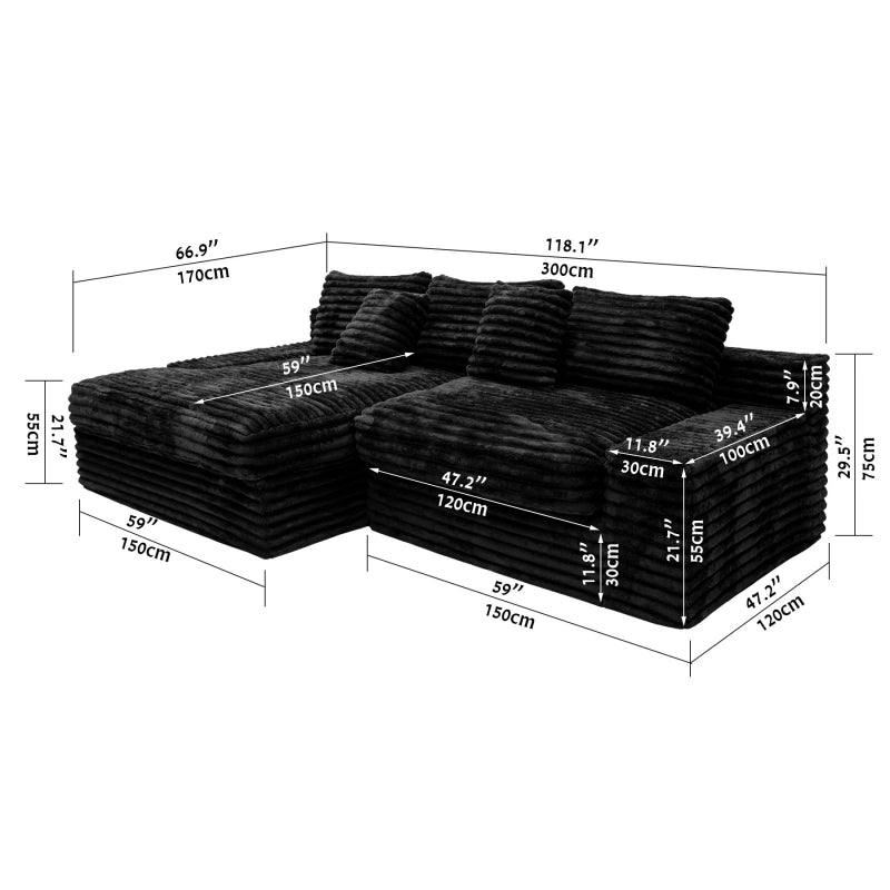 Flexo Corduroy Modular Loveseat Sofa with Chaise-Facing Left