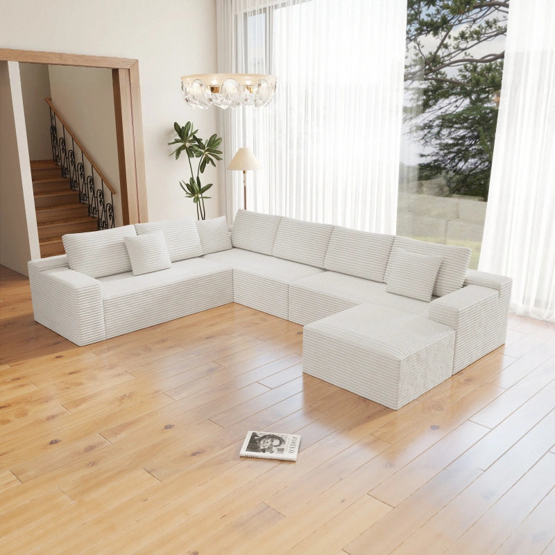 Flexo Corduroy Modular 6-Seat Sectional Couch with ottoman