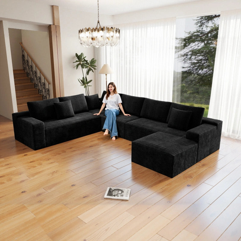 Flexo Corduroy Modular 6-Seat Sectional Couch with ottoman