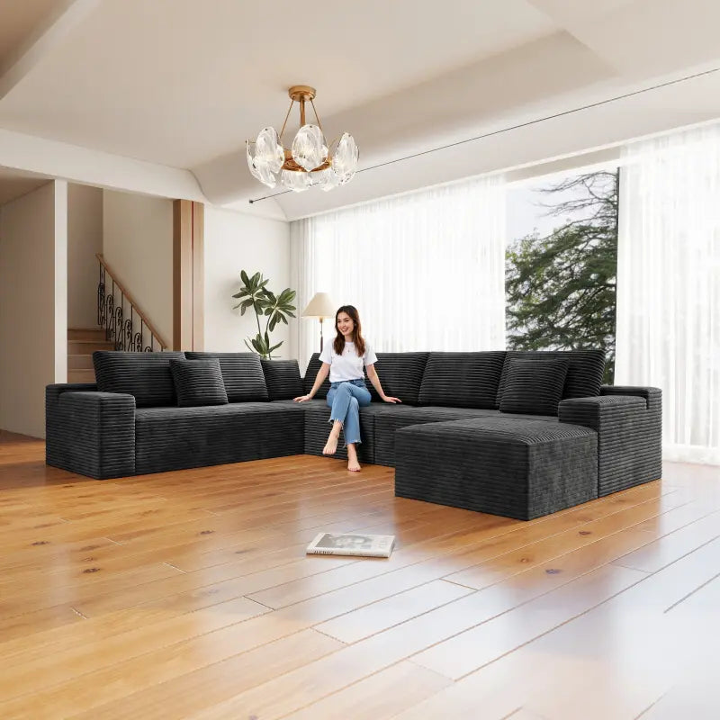 Flexo Corduroy Modular 6-Seat Sectional Couch with ottoman