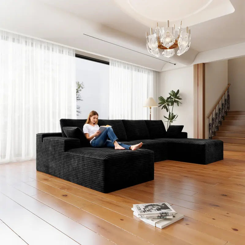 Flexo Corduroy Modular Sectional U-Shaped Sofa with Double Chaise
