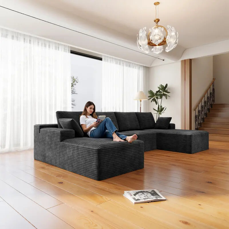 Flexo Corduroy Modular Sectional U-Shaped Sofa with Double Chaise