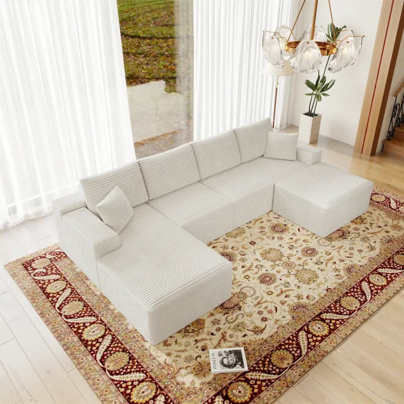 Flexo Corduroy Modular Sectional U-Shaped Sofa with Ottoman