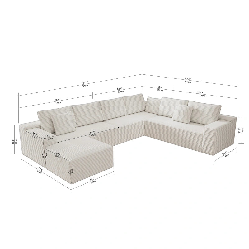 Flexo Corduroy Modular Sectional Couch 6-7 Seat Sofa