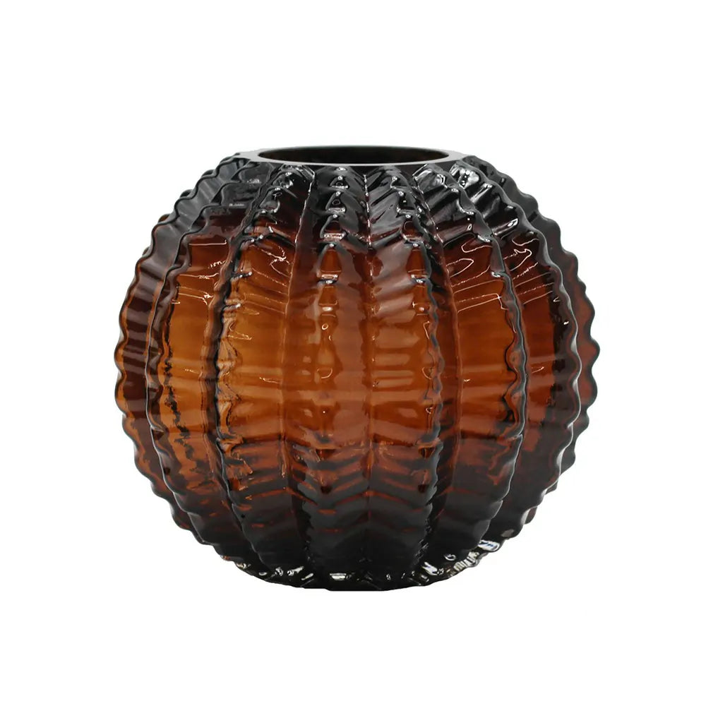 Amber Textured Round Glass Vase 6.7x6 Inch Unique Home Decor Centerpiece