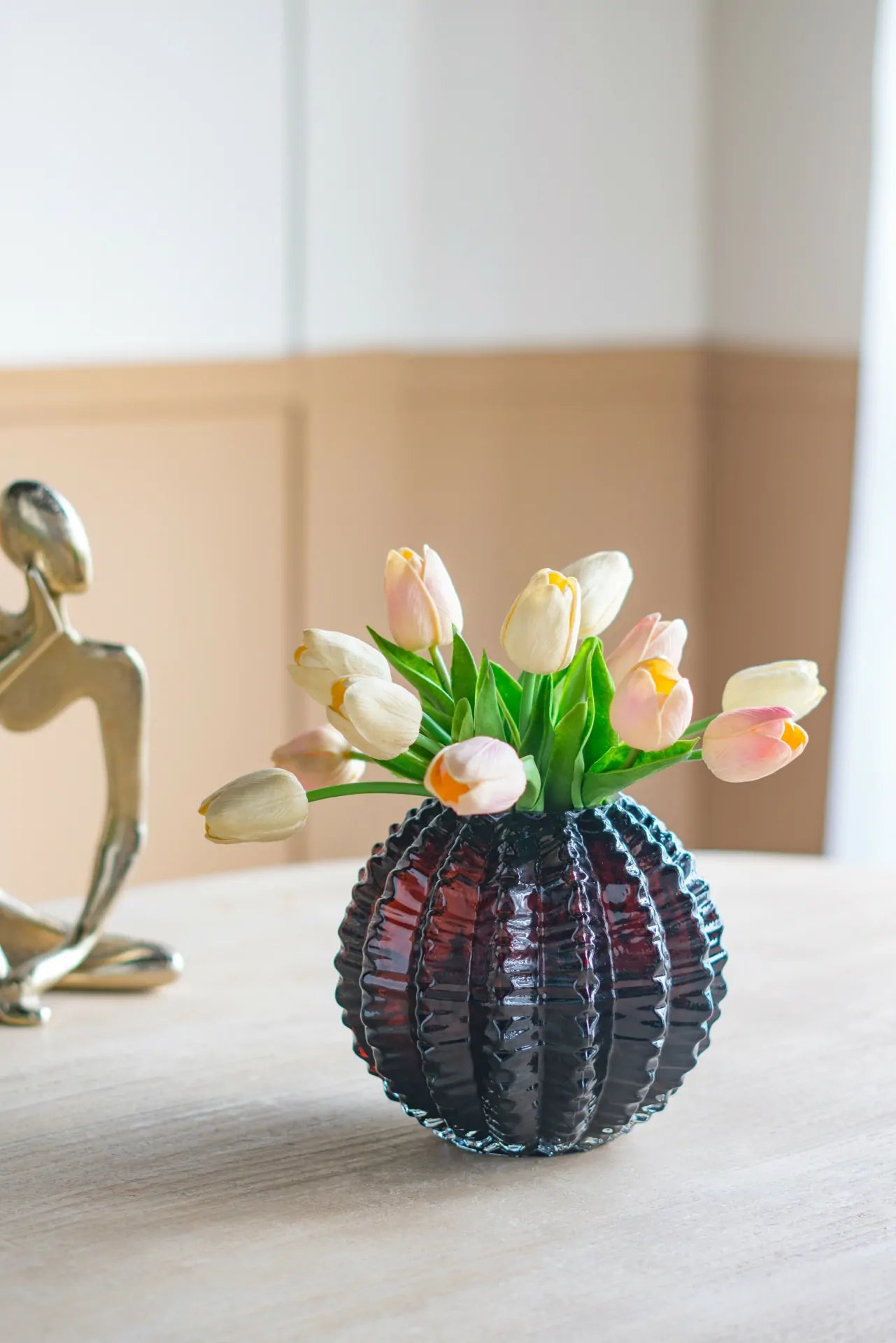 Amber Textured Round Glass Vase 6.7x6 Inch Unique Home Decor Centerpiece