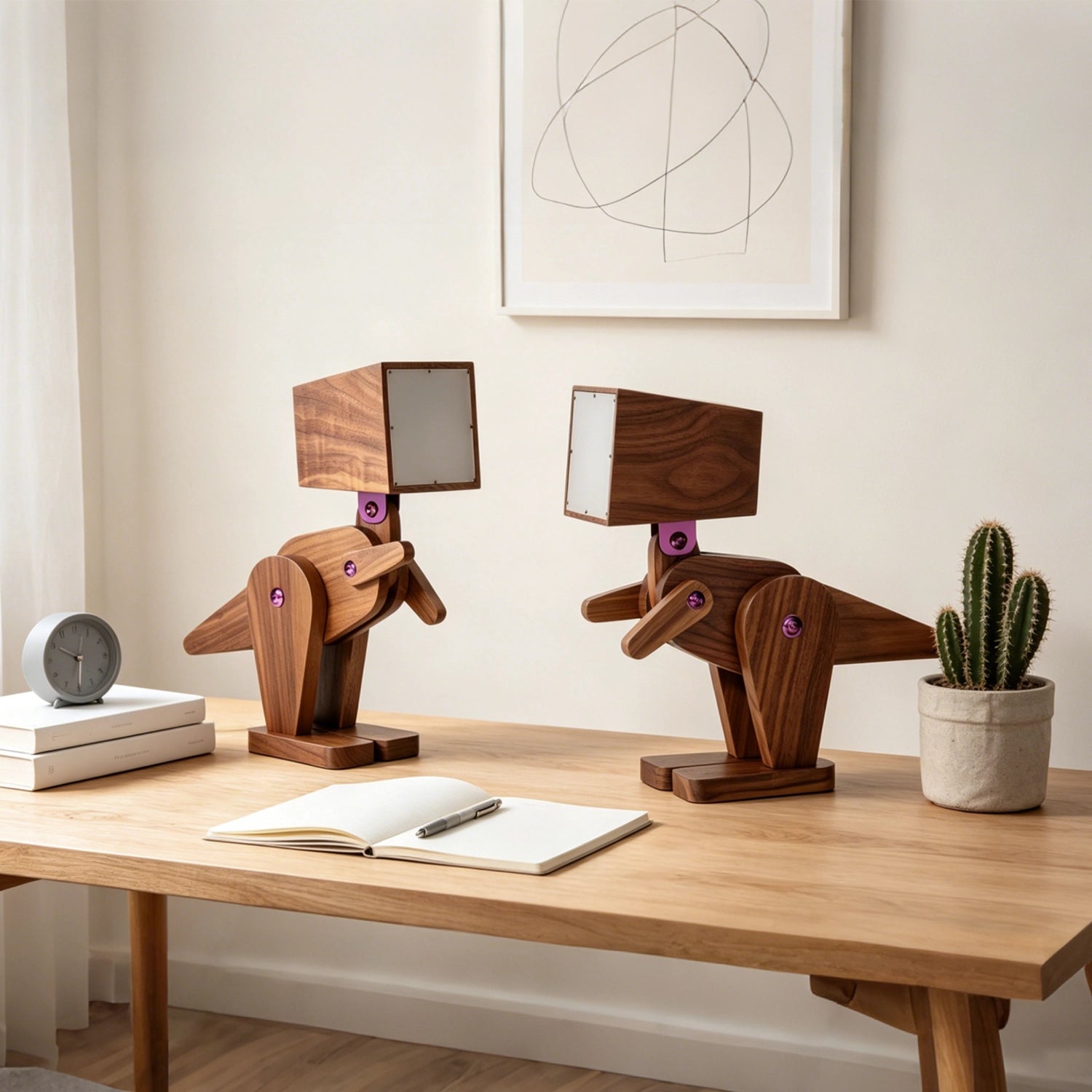 Two wooden lamp dog figures on a desk with a notebook and cactus plant.