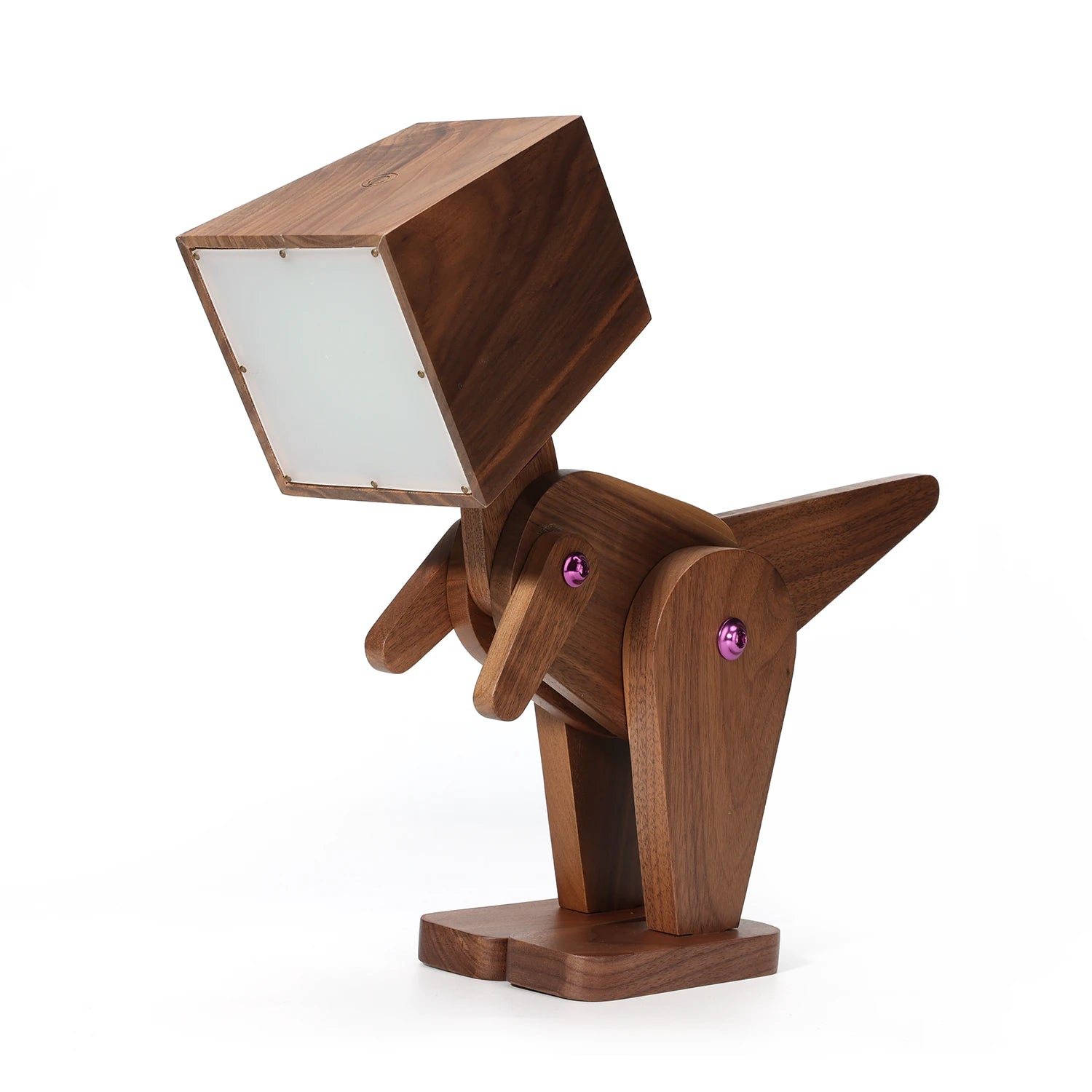 Wooden dog-shaped lamp with a square light fixture on a white background