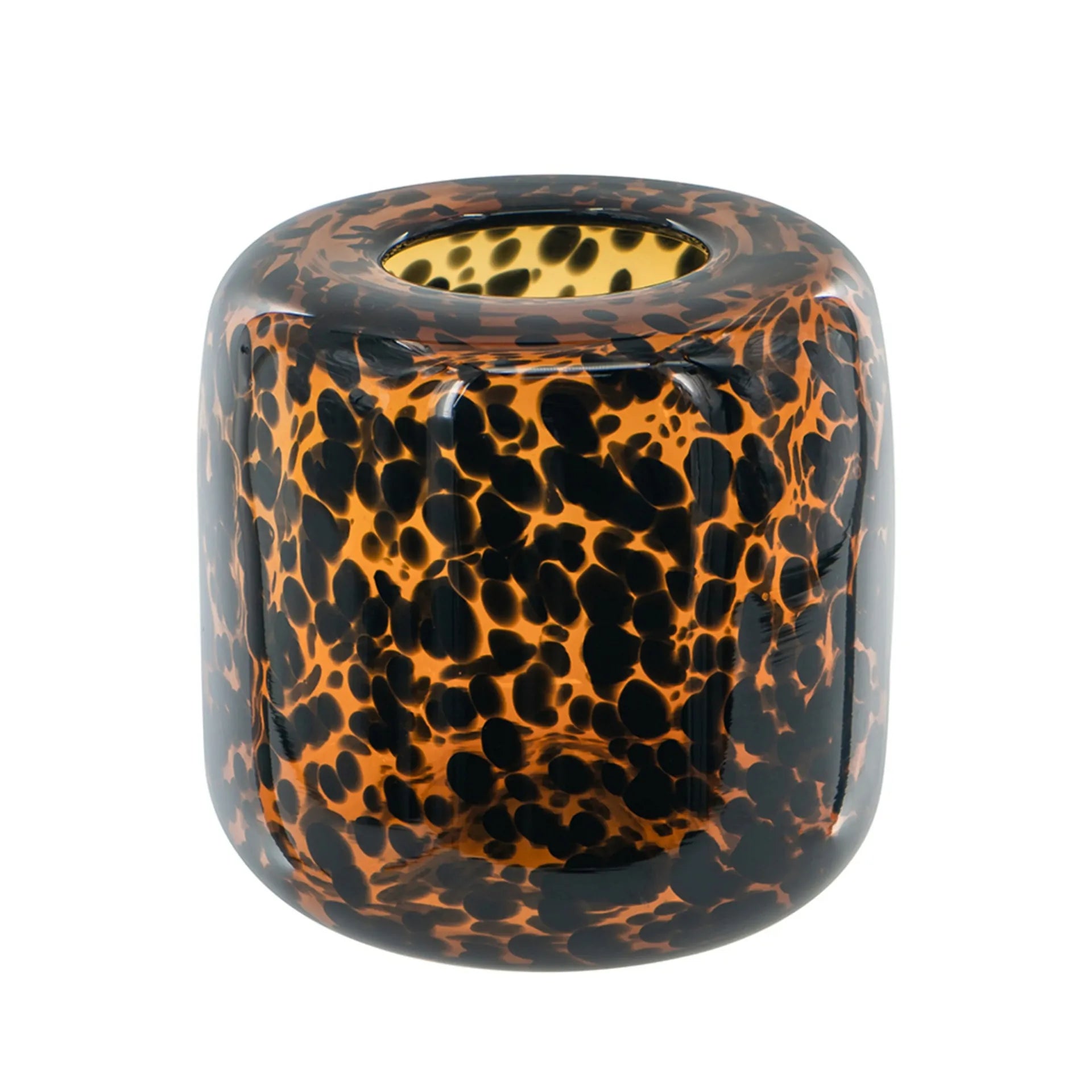 Brown and Amber Cheetah Print Glass Vase 7.9 Inch Short Cylinder Planter