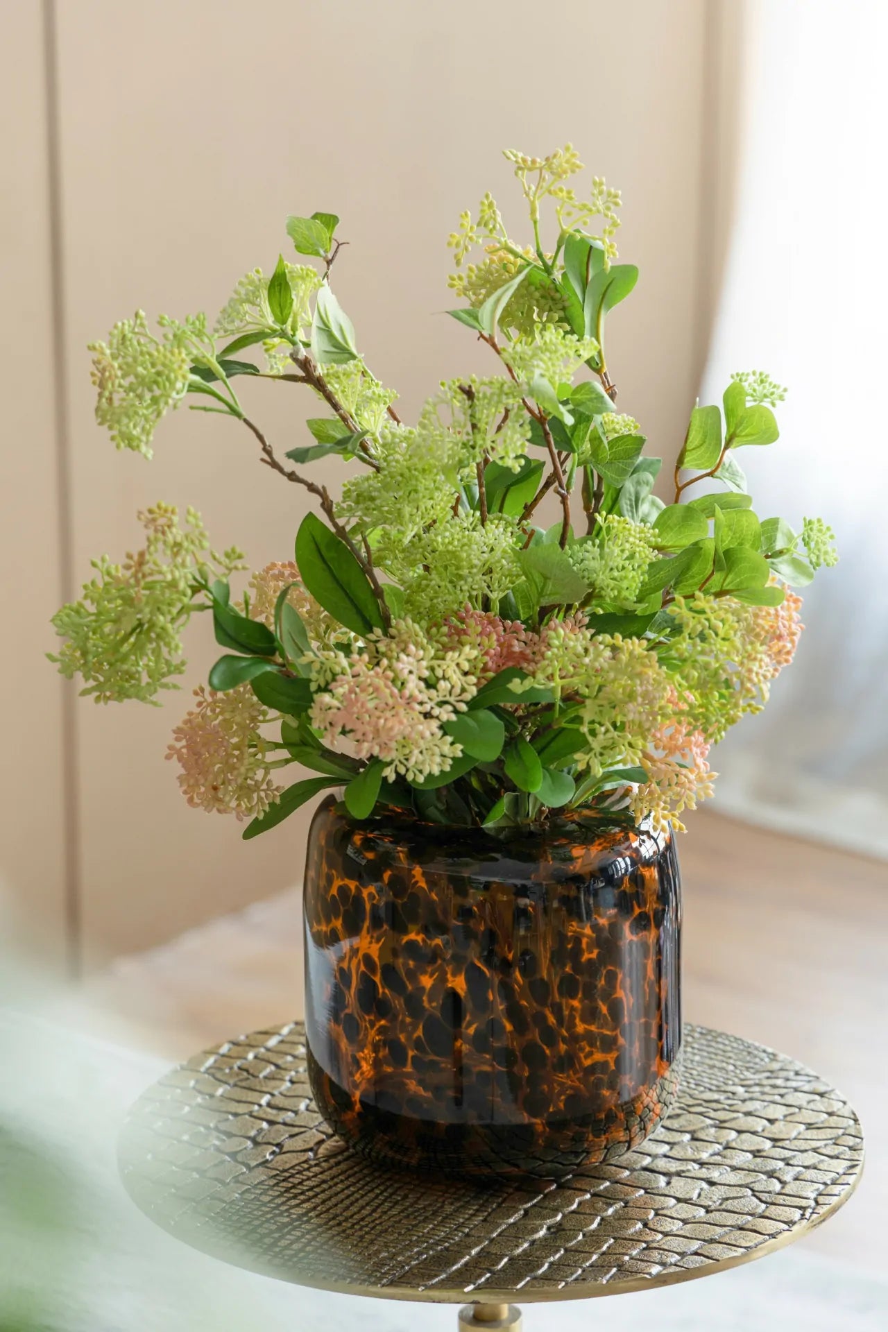 Brown and Amber Cheetah Print Glass Vase 7.9 Inch Short Cylinder Planter
